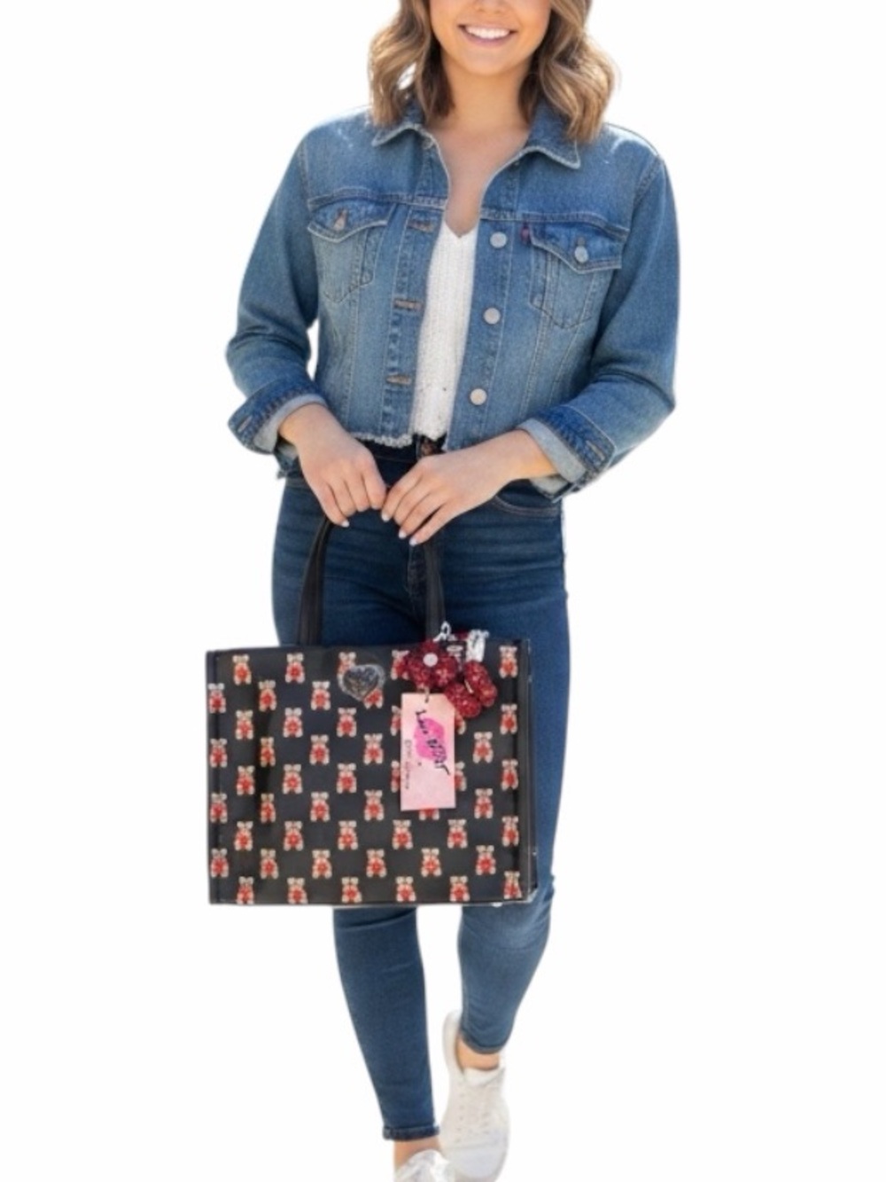 Luv Betsey Johnson Embroidered Teddy Bear Hearts Satchel Crossbody Bag Black Red - Picture 4 of 10